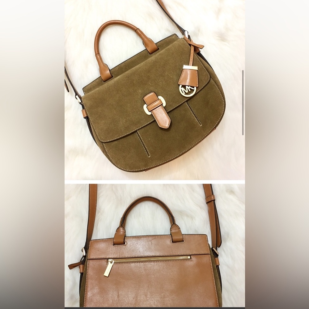 suede & leather Romy Saddle bag. Gold hardware, slim profile, adjustable strap.